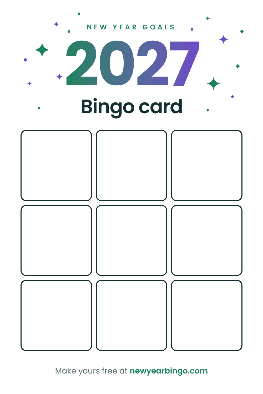 Blank 2027 bingo card template, 3x3, printable
