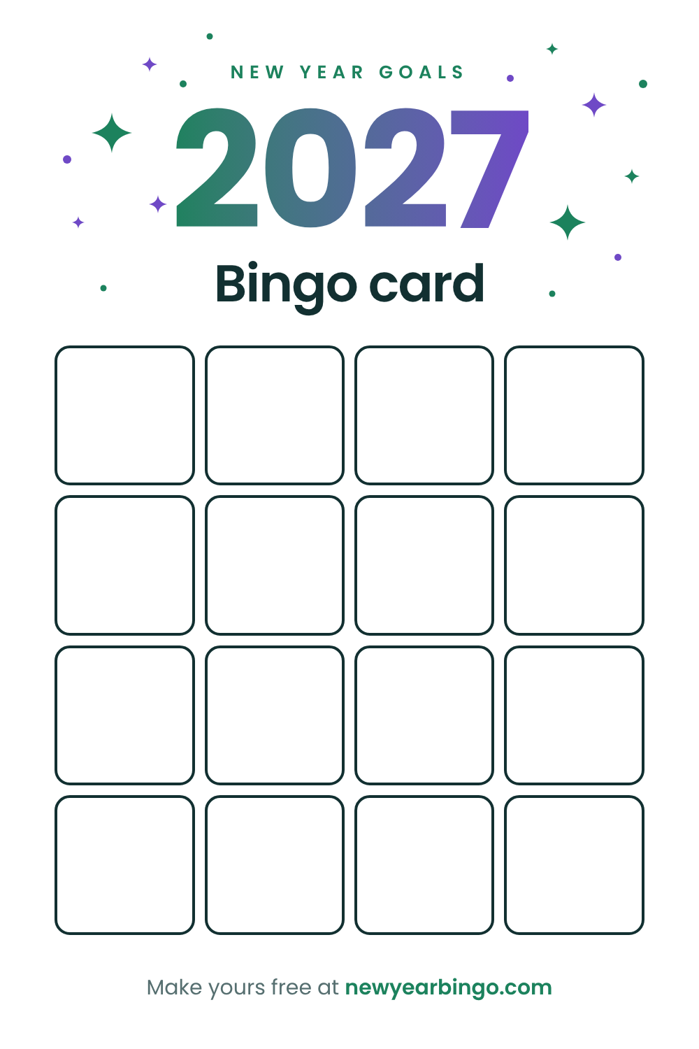 Blank 2027 bingo card template, 4x4, printable