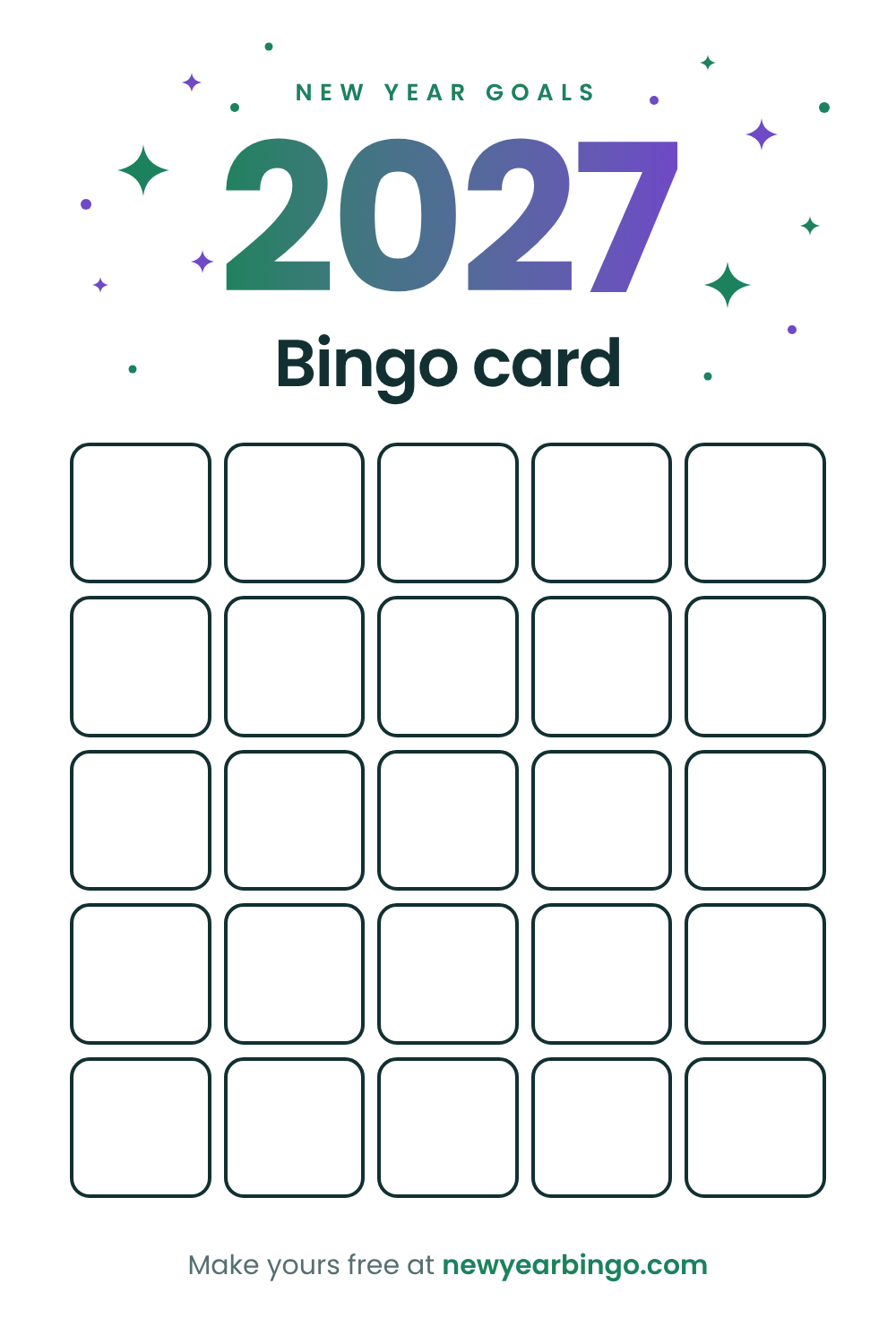 Blank 2027 bingo card template, 5x5, printable