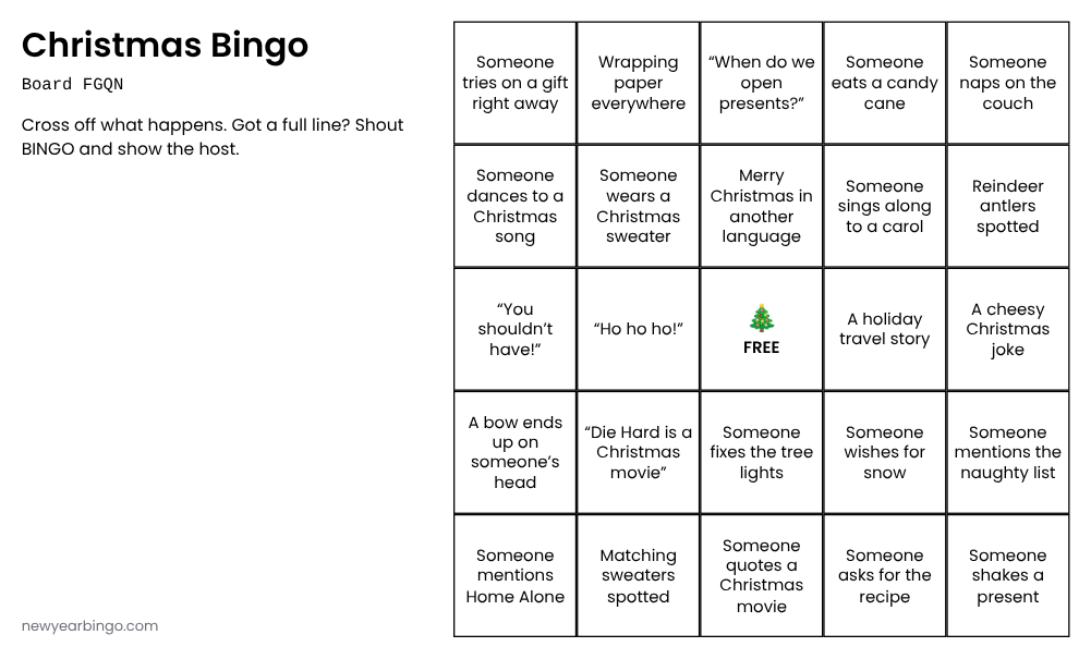 Printable Christmas bingo card: 24 Christmas party squares and a free middle square